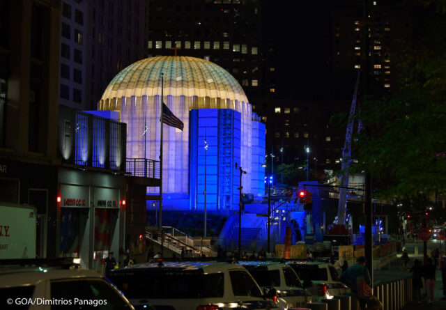 St. Nicholas Greek Orthodox Shrine Church in Lower Manhattan being lit blue on 9-11 2021. St. Nicholas is getting closer to rebuilding the only Church that was destroyed during 9-11, 2001.