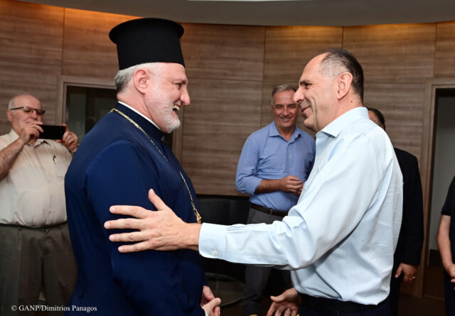 H.E. Archbishop Elpidophoros arrived in Cyprus at the Larnaca airport where he was welcomed by Koula Sophianou, Chief of Protocol, AHEPA Supreme President Savas Tsivicos and Nick Karakostas, Chairman of the Board of AHEPA. His Eminence met with Greek Fore